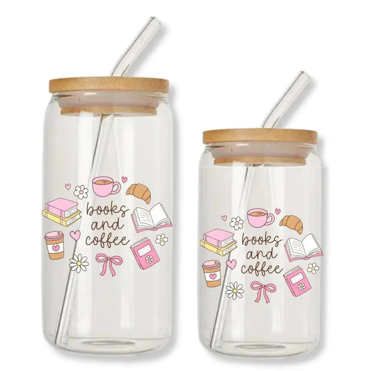 Books and Coffee Cup Girly Doodles 16 oz. or 20 oz. Glass Can