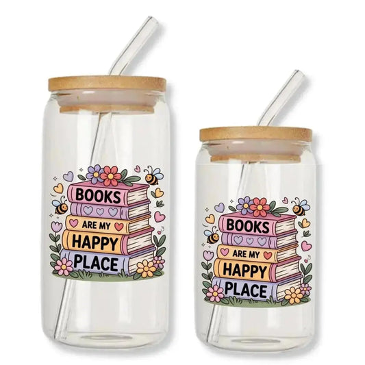 Books are My Happy Place Cup Can Glass Tumbler with Bamboo Lid & Straw