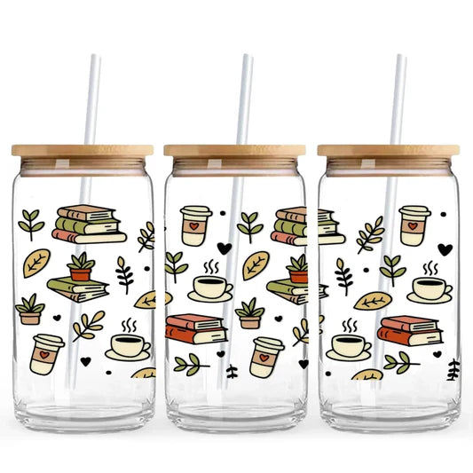 Coffee & Books 16 oz. or 20 oz. Glass Can Cup