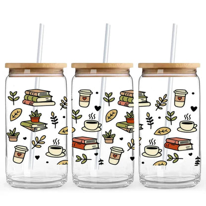 Coffee & Books 16 oz. or 20 oz. Glass Can Cup