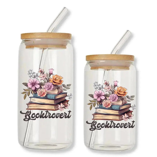 Booktrovert Cup Vintage Can Glass Tumbler with Bamboo Lid & Straw