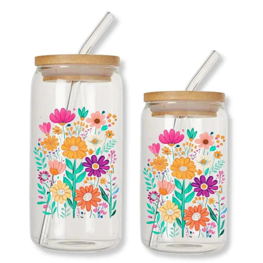 Bright Blooms Daisy Can Glass Tumbler with Bamboo Lid & Straw