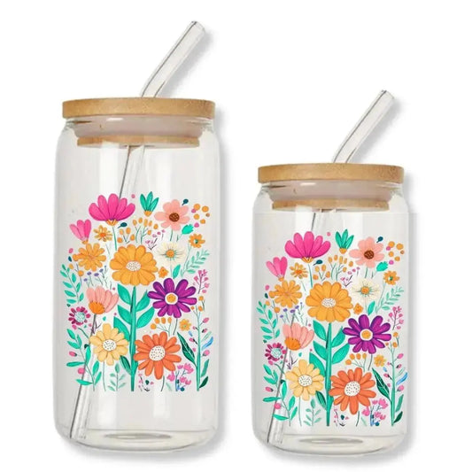 Bright Blooms Daisy Cup Can Glass Tumbler with Bamboo Lid & Straw