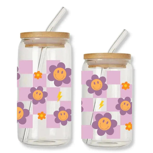 Checkered Smiley Face Cup Purple Pink Daisy Can Glass Tumbler with Bamboo Lid & Straw