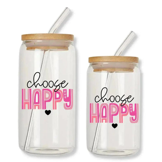 Choose Happy Cup Retro Pink Can Glass Tumbler with Bamboo Lid & Straw