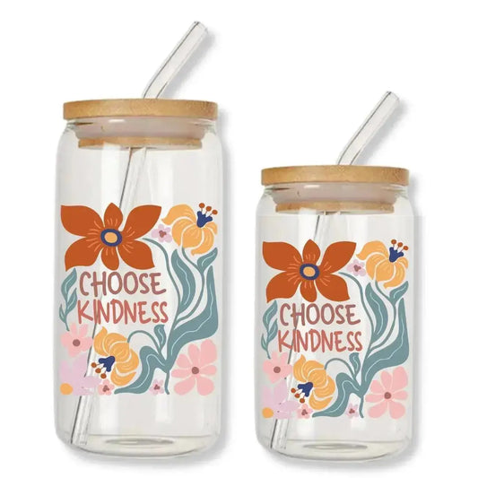 Choose Kindness Cup Can Glass Tumbler with Bamboo Lid & Straw