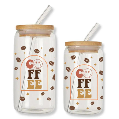 Coffee Beans & Smiley Face 16 oz. or 20 oz. Glass Can Cup