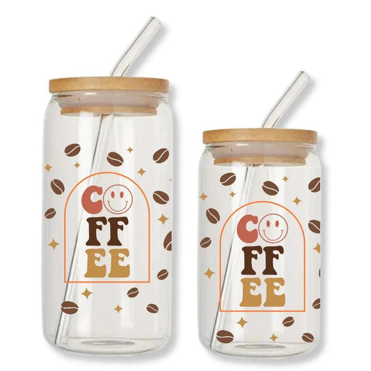 Coffee Beans & Smiley Face 16 oz. or 20 oz. Glass Can Cup