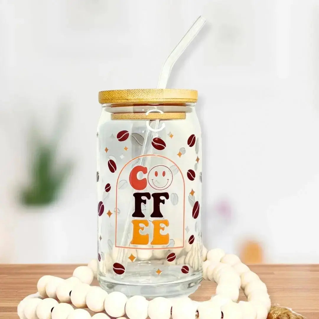 Coffee Beans & Smiley Face Cup 16 oz. or 20 oz. Glass Can