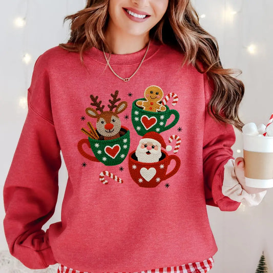 Coffee Cup Crew Christmas Sweatshirt - Faux Yarn Printify