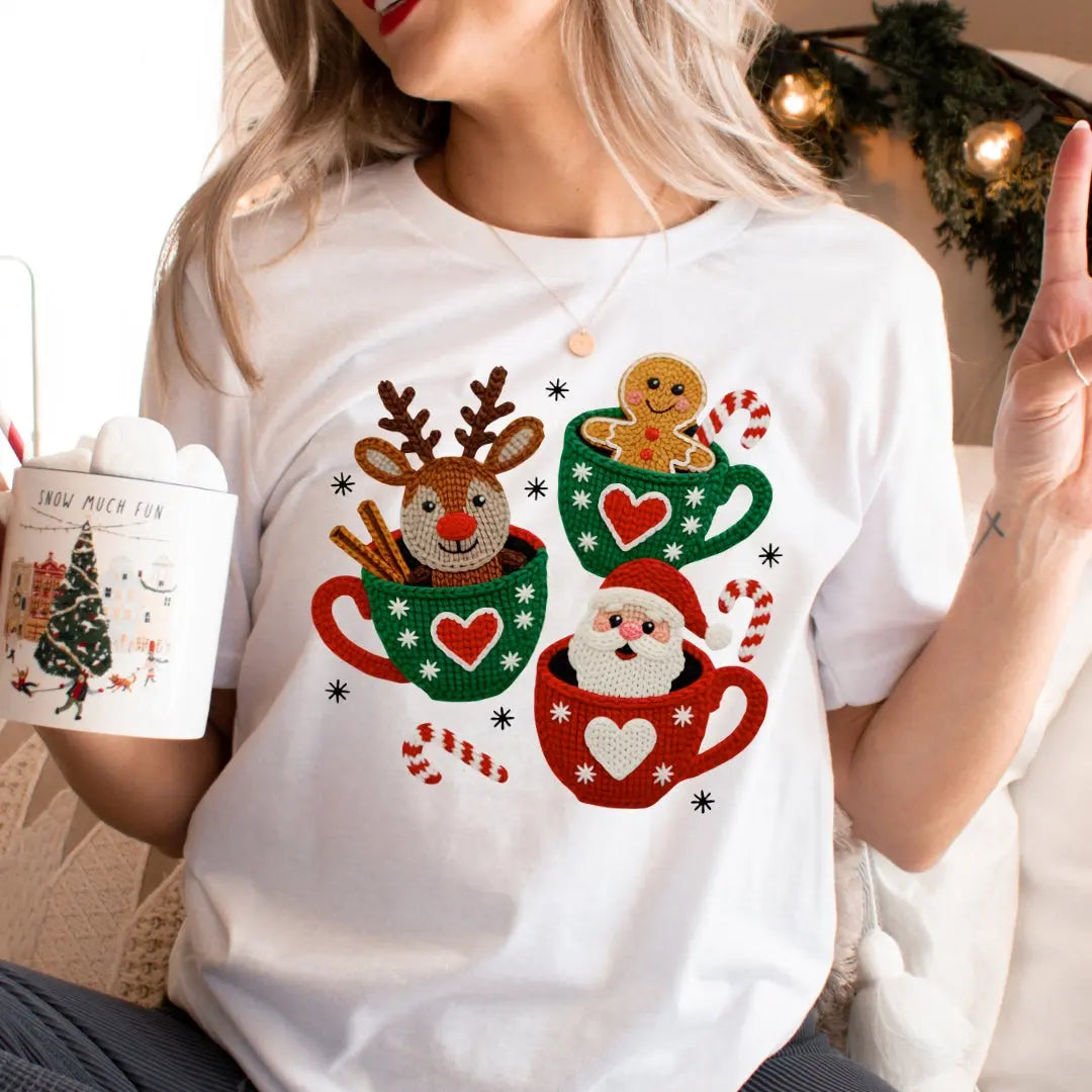 Coffee Cup Crew Christmas T-Shirt - Faux Yarn Printify