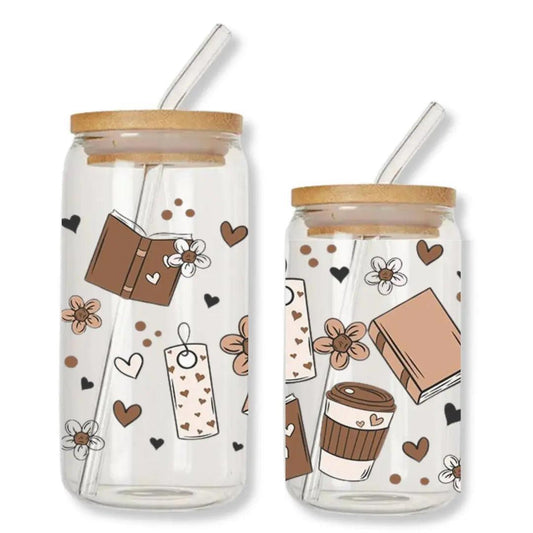 Coffee Cups & Books 16 oz. or 20 oz. Glass Can Cup