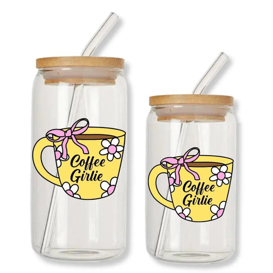 Coffee Girlie Can Glass Tumbler with Bamboo Lid & Straw