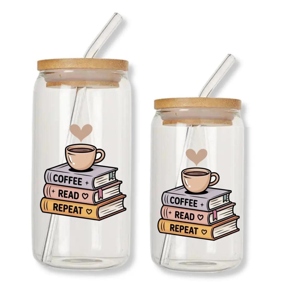 Coffee Read Repeat Can Glass Tumbler with Bamboo Lid & Straw