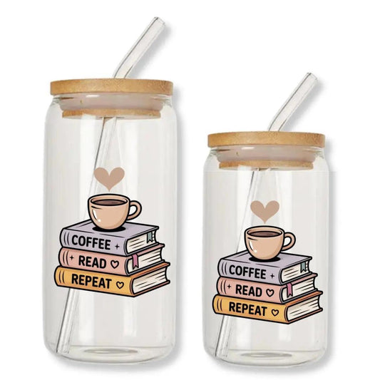 Coffee Read Repeat Can Glass Tumbler with Bamboo Lid & Straw