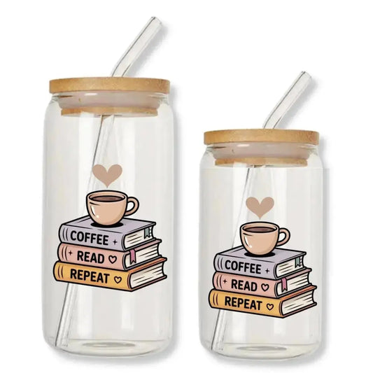 Coffee Read Repeat Cup Can Glass Tumbler with Bamboo Lid & Straw