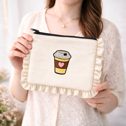 Coffee Cup Cosmetic Bag – Cute Ruffle Zipper Pouch
