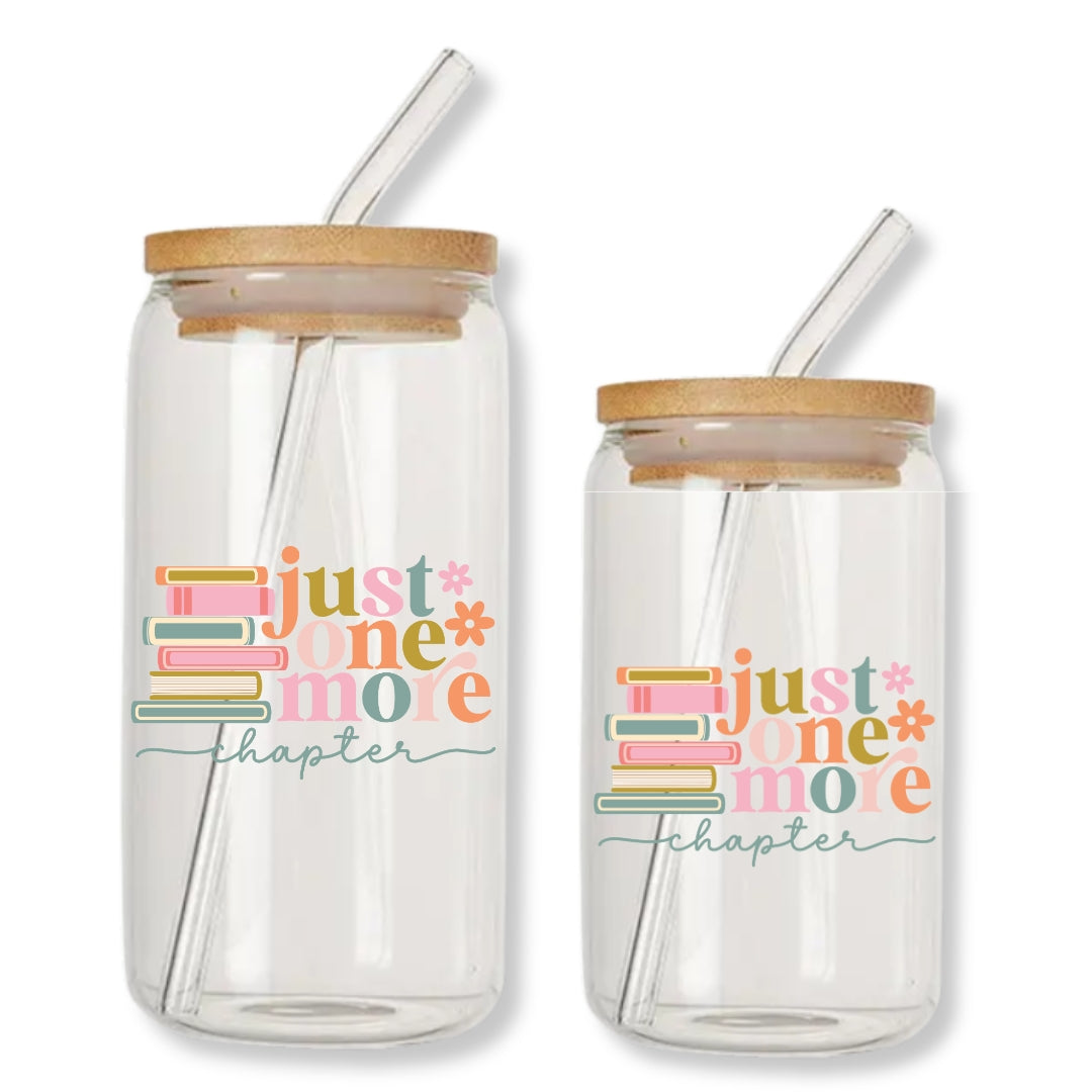Just One More Chapter Stacked Books 16 oz. or 20 oz. Glass Can Cup Just So Happy