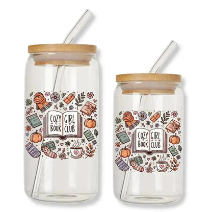 Cozy Girl Book Club Cup Bookish 16 oz. or 20 oz. Glass Can