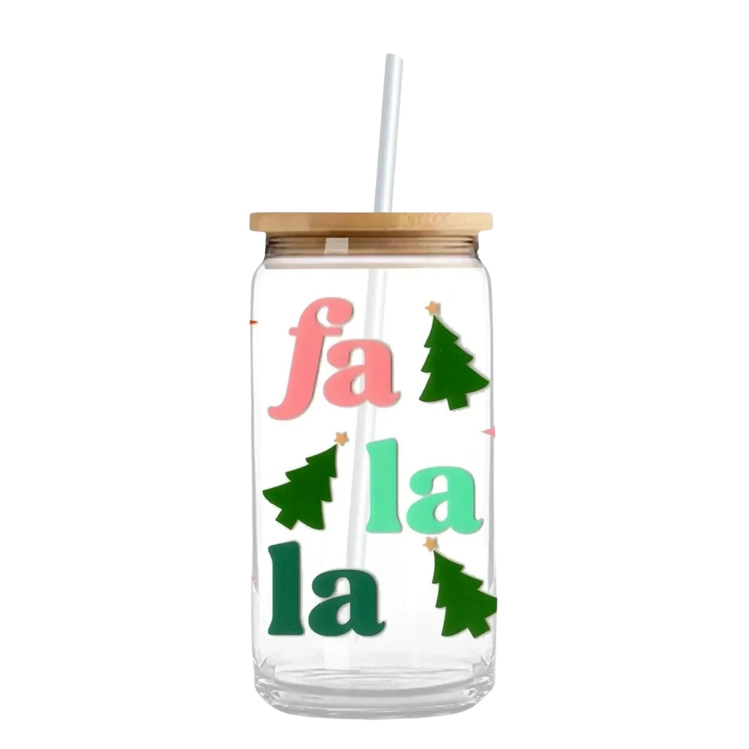 Falalala & Christmas Trees 16 oz. or 20 oz. Glass Can Cup