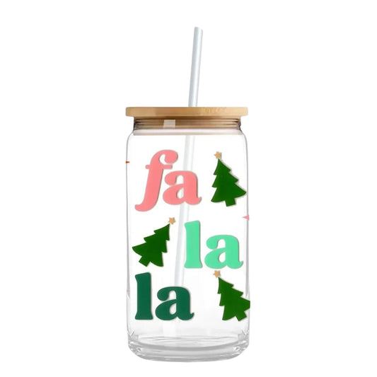 Falalala & Christmas Trees 16 oz. or 20 oz. Glass Can Cup