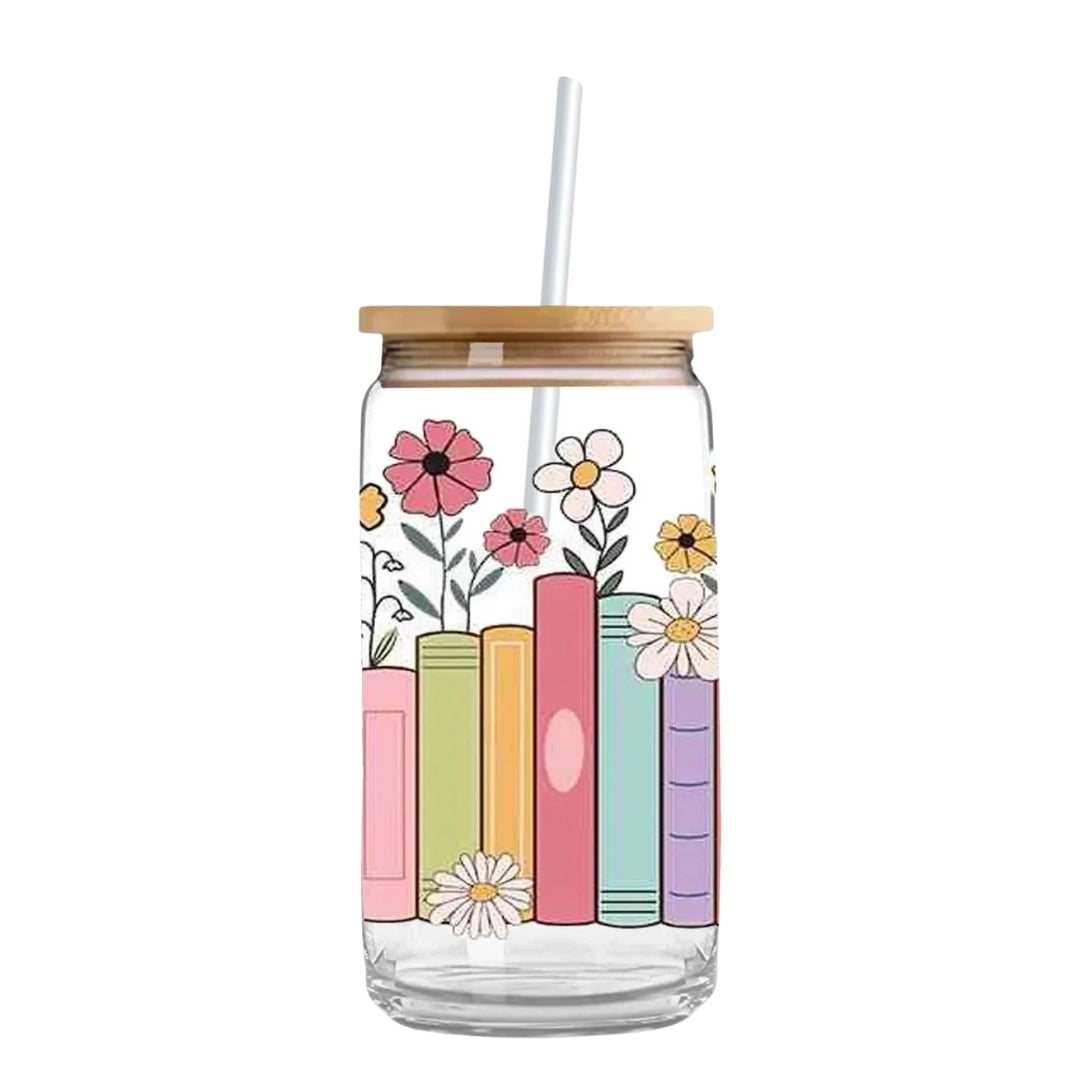 Bookish Blossoms 16 oz. or 20 oz. Glass Can Cup