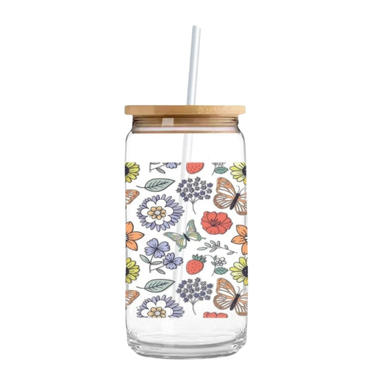 Butterfly Garden 16 oz. or 20 oz. Glass Can Cup