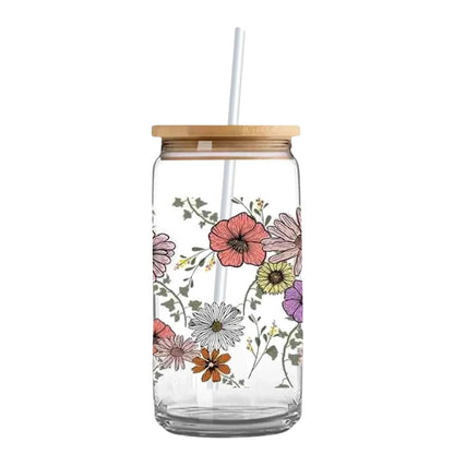 Vintage Floral 16 oz. or 20 oz. Glass Can Cup