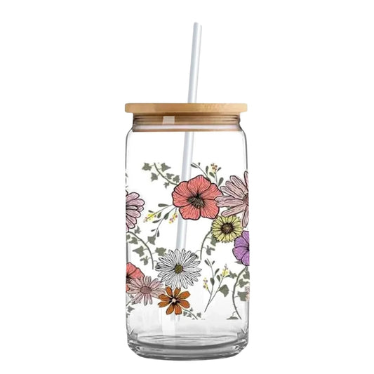 Vintage Floral 16 oz. or 20 oz. Glass Can Cup