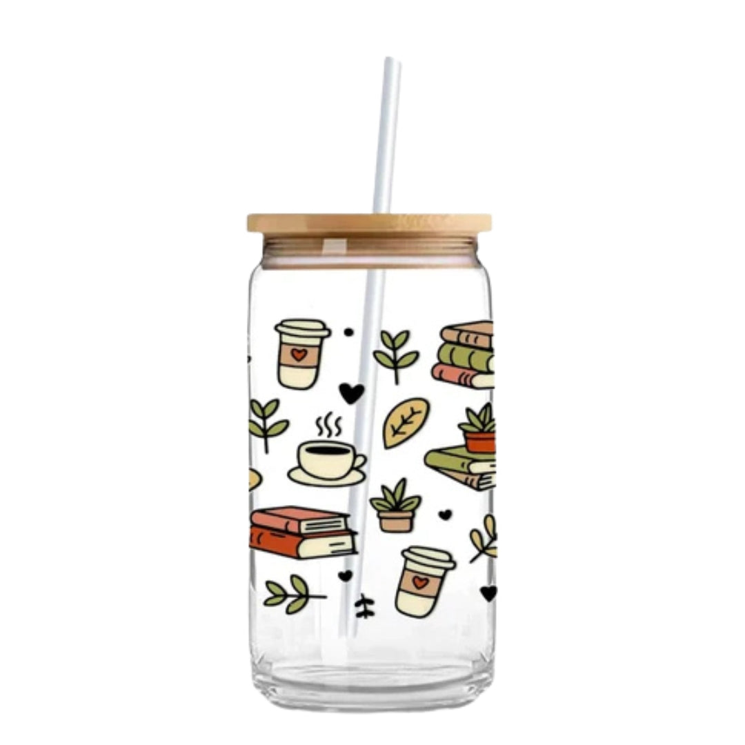 Coffee & Books 16 oz. or 20 oz. Glass Can Cup