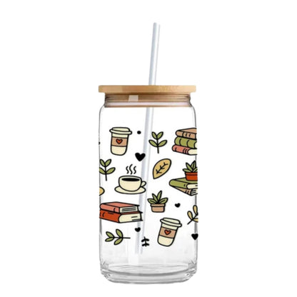 Coffee & Books 16 oz. or 20 oz. Glass Can Cup