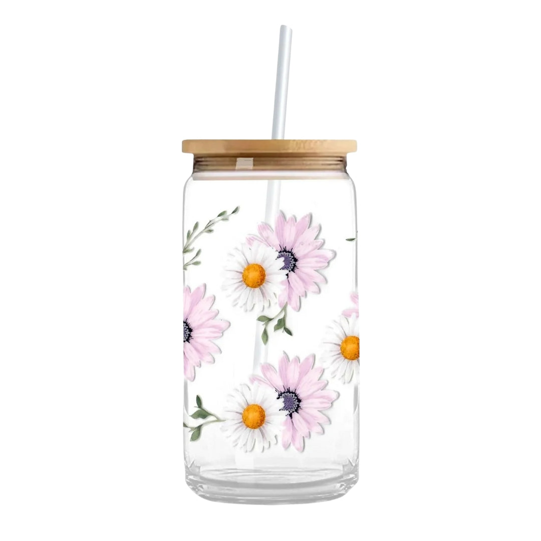 Purple & White Daisies 16 oz. or 20 oz. Glass Can Cup