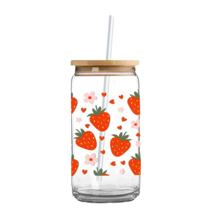 Strawberries & Dasies 16 oz. or 20 oz. Glass Can Cup