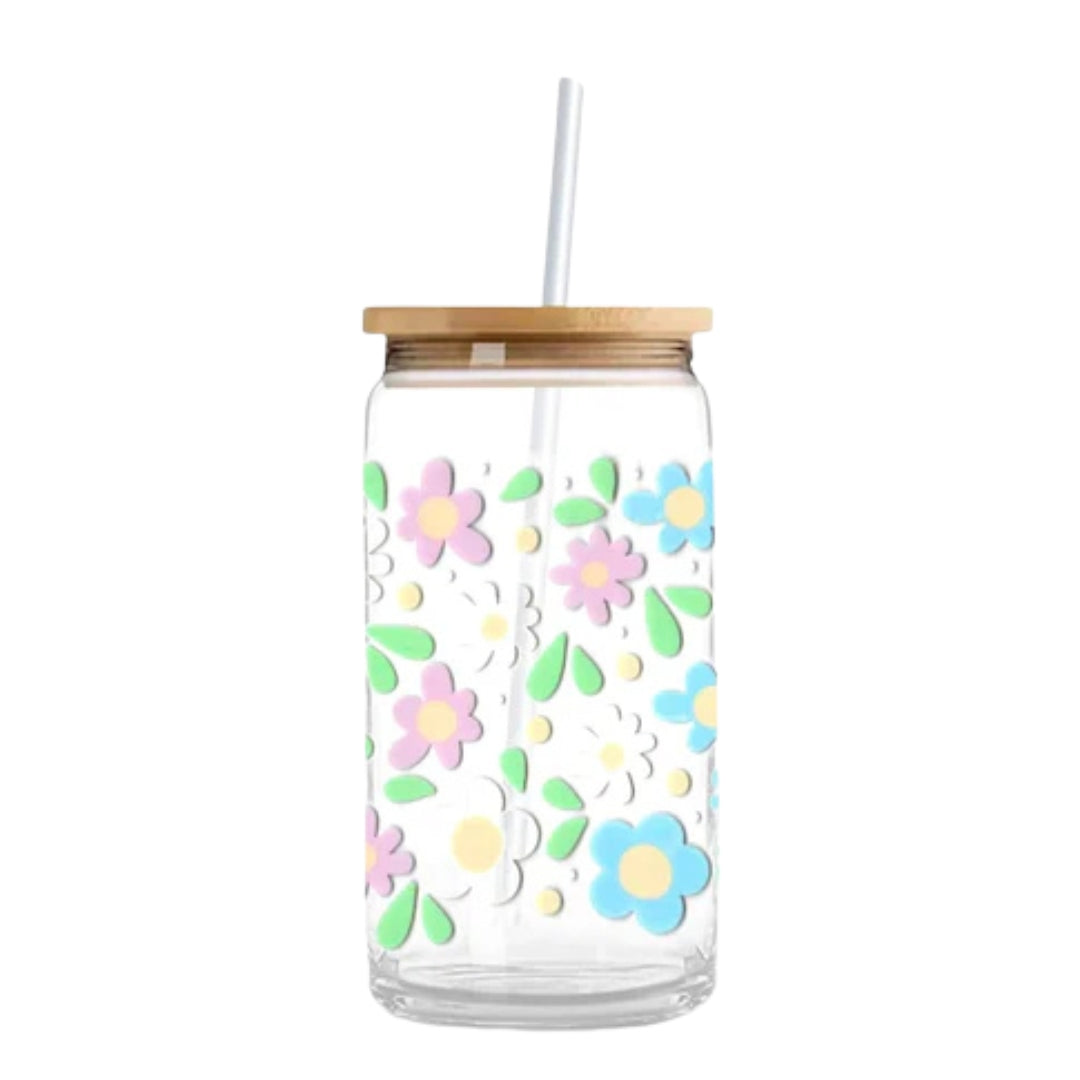 Pastel Flowers 16 oz. or 20 oz. Glass Can Cup
