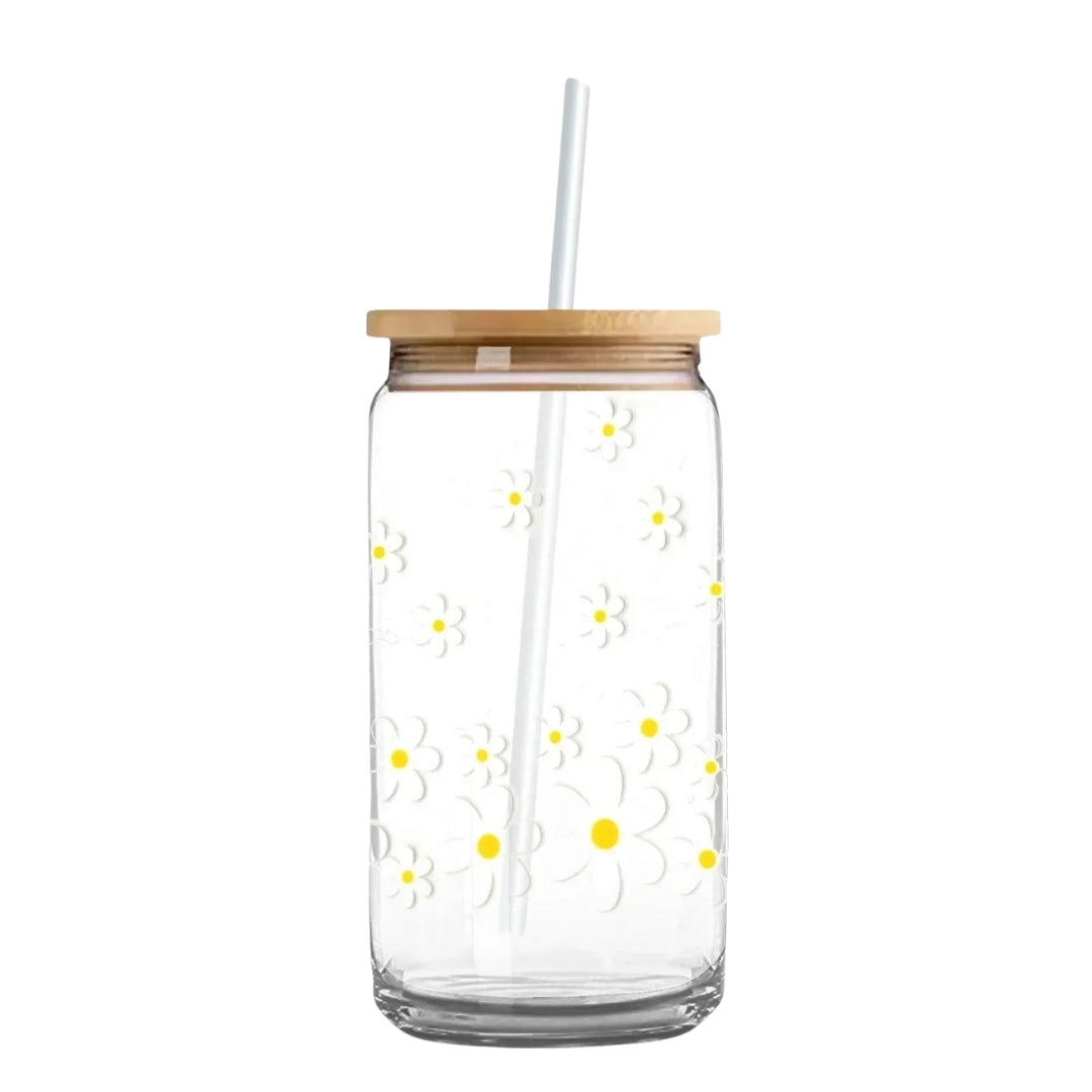 White Dasies 16 oz. or 20 oz. Glass Can Cup