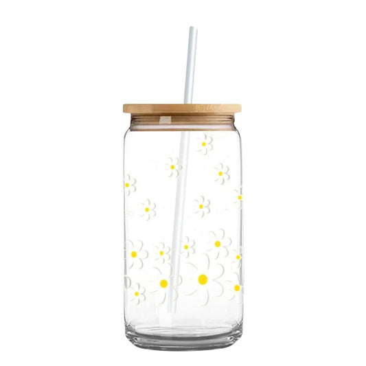 White Dasies 16 oz. or 20 oz. Glass Can Cup