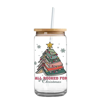 All Booked for Christmas 16 oz. or 20 oz. Glass Can Cup