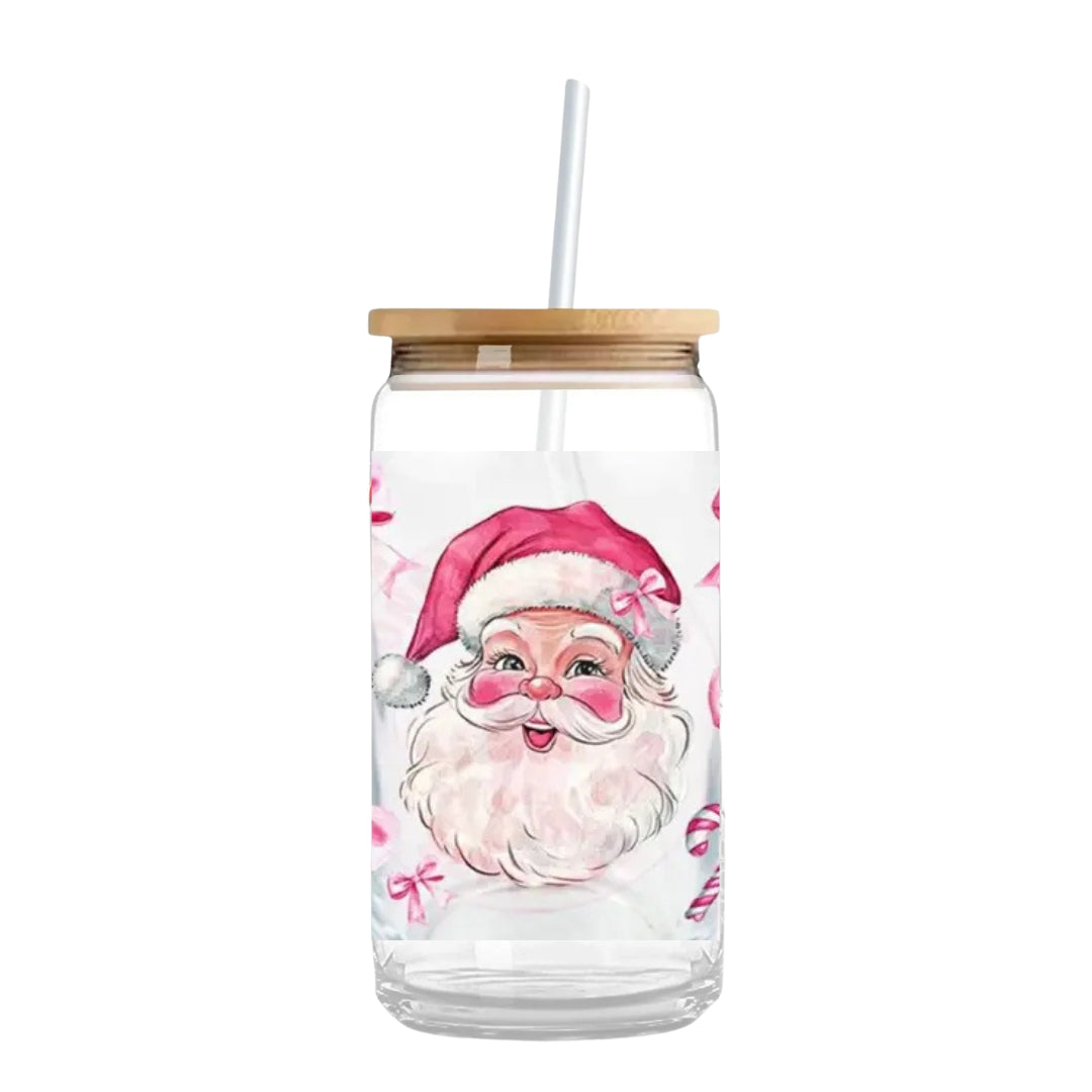 Vintage Santa with Pink Bows 16 oz. or 20 oz. Glass Can Cup