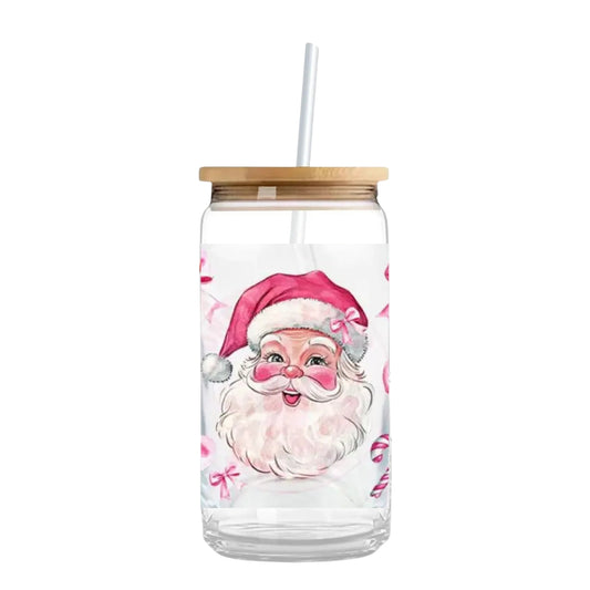 Vintage Santa with Pink Bows 16 oz. or 20 oz. Glass Can Cup