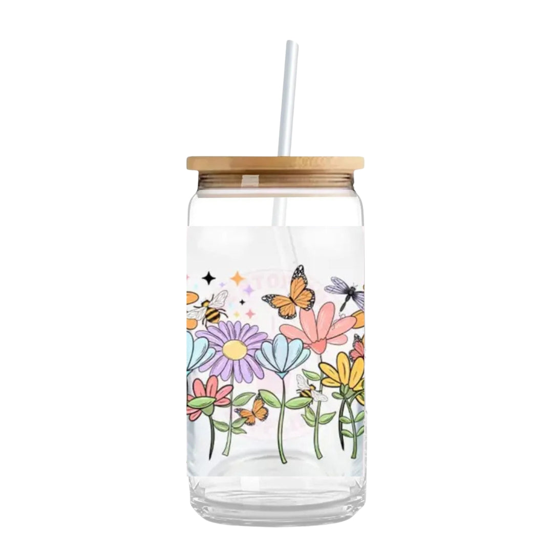 Floral Field 16 oz. or 20 oz. Glass Can Cup