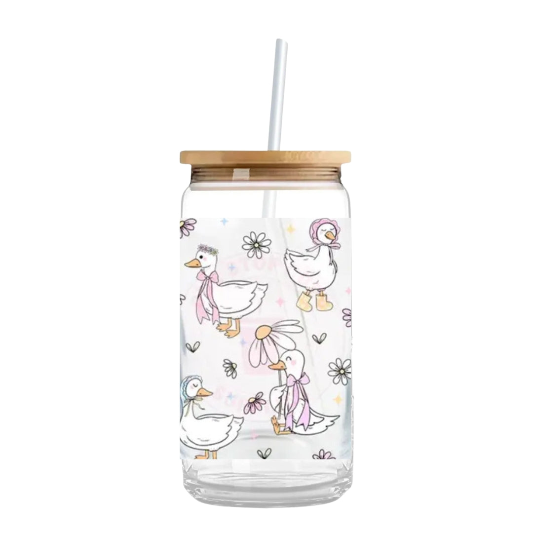 Silly Goose with Pink Bows 16 oz. or 20 oz. Glass Can Cup