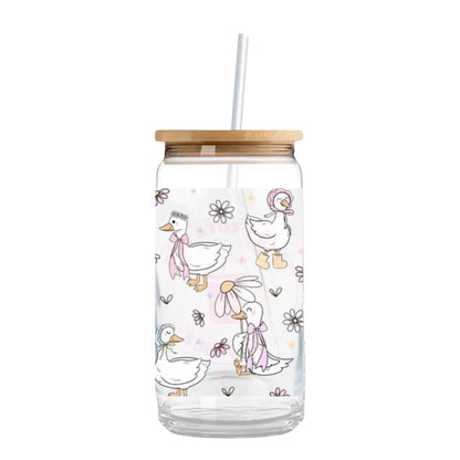 Silly Goose with Pink Bows 16 oz. or 20 oz. Glass Can Cup