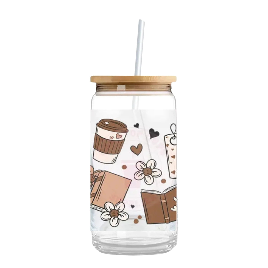 Coffee Cups & Books 16 oz. or 20 oz. Glass Can Cup