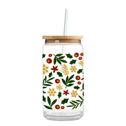 Christmas Holly & Berries 16 oz. or 20 oz. Glass Can Cup