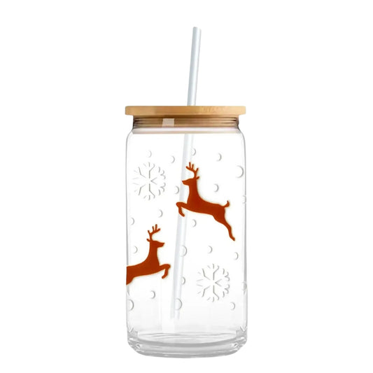 Christmas Reindeer & Snow Flakes 16 oz. or 20 oz. Glass Can Cup