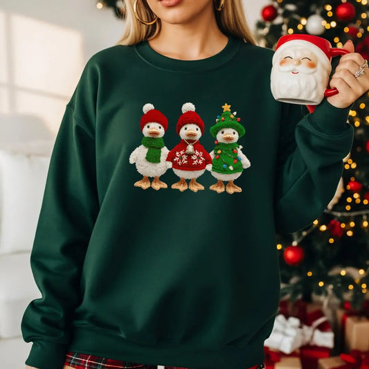 Cute Christmas Geese Sweatshirt - Faux Yarn Printify