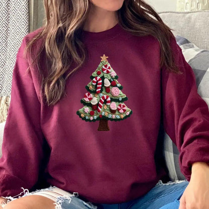 Cute Christmas Tree Sweatshirt - Faux Yarn