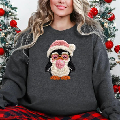 Cute Penguin Bubble Gum Christmas Sweatshirt - Faux Yarn