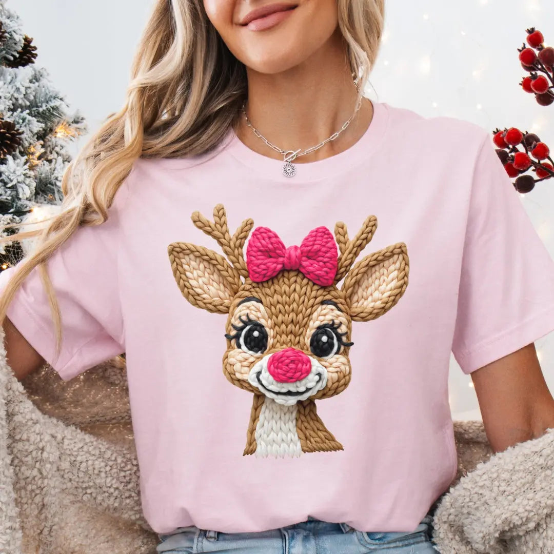 Cute Reindeer Face Christmas T-Shirt - Girl Reindeer with Pink Bow Faux Yarn Printify