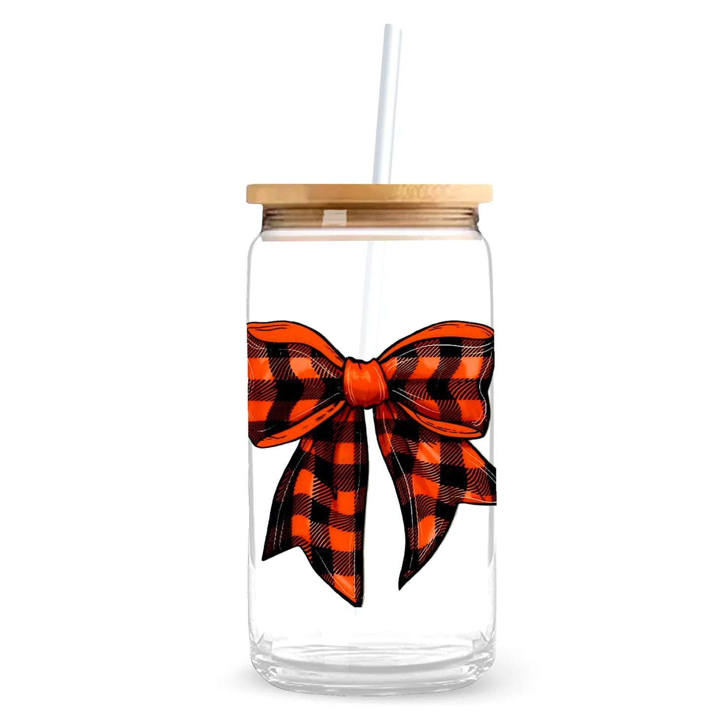 Red Buffalo Check Bow 16 oz. or 20 oz. Glass Can Cup